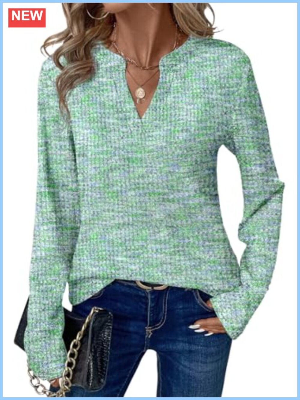 Womens Lightweight Waffle Knit V Neck Long Sleeve Pullover Sweater Top